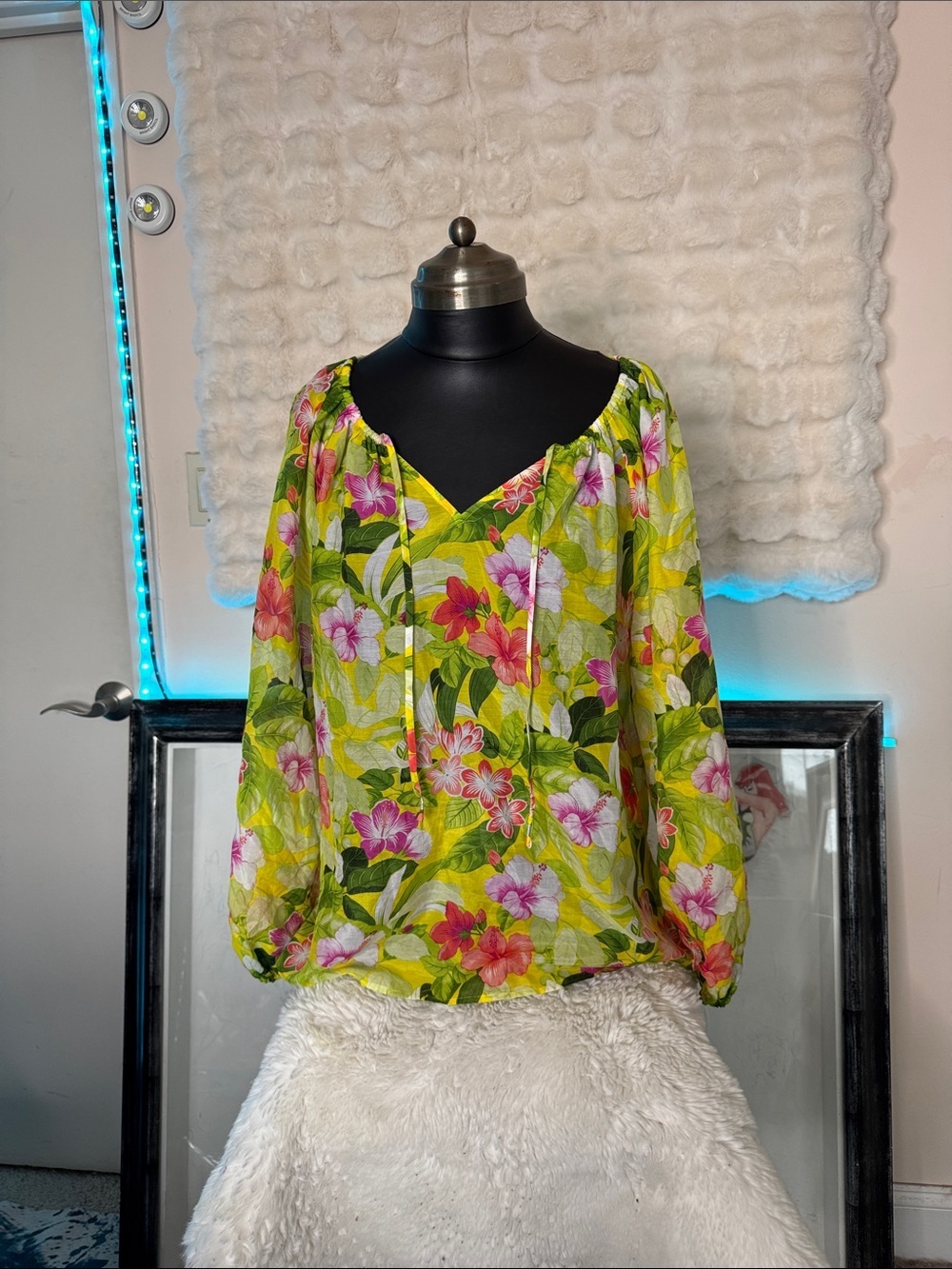 Tommy Bahama Lime Green Floral Peasant Blouse